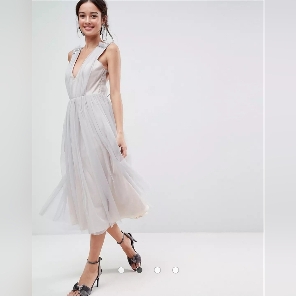 ASOS Tonal Tulle Midi Dress with Embellished Cami Straps - Size 8